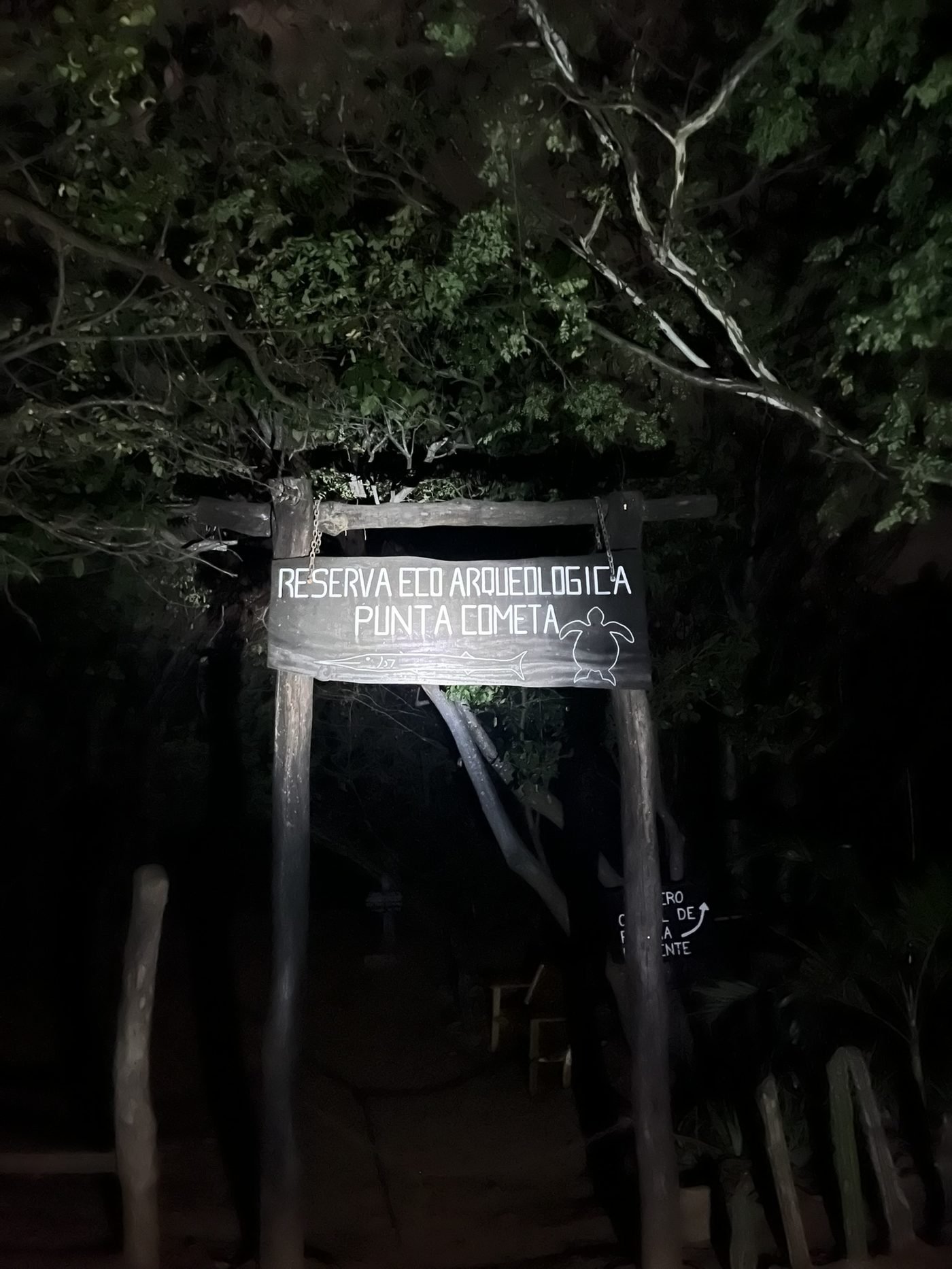 Letrero de madera de la Reserva Eco Arqueológica Punta Cometa, con grabados de tortuga y pez